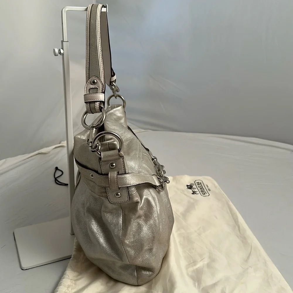 Coach silver metallic soft goat suede leather hobo bag with nickel hardware